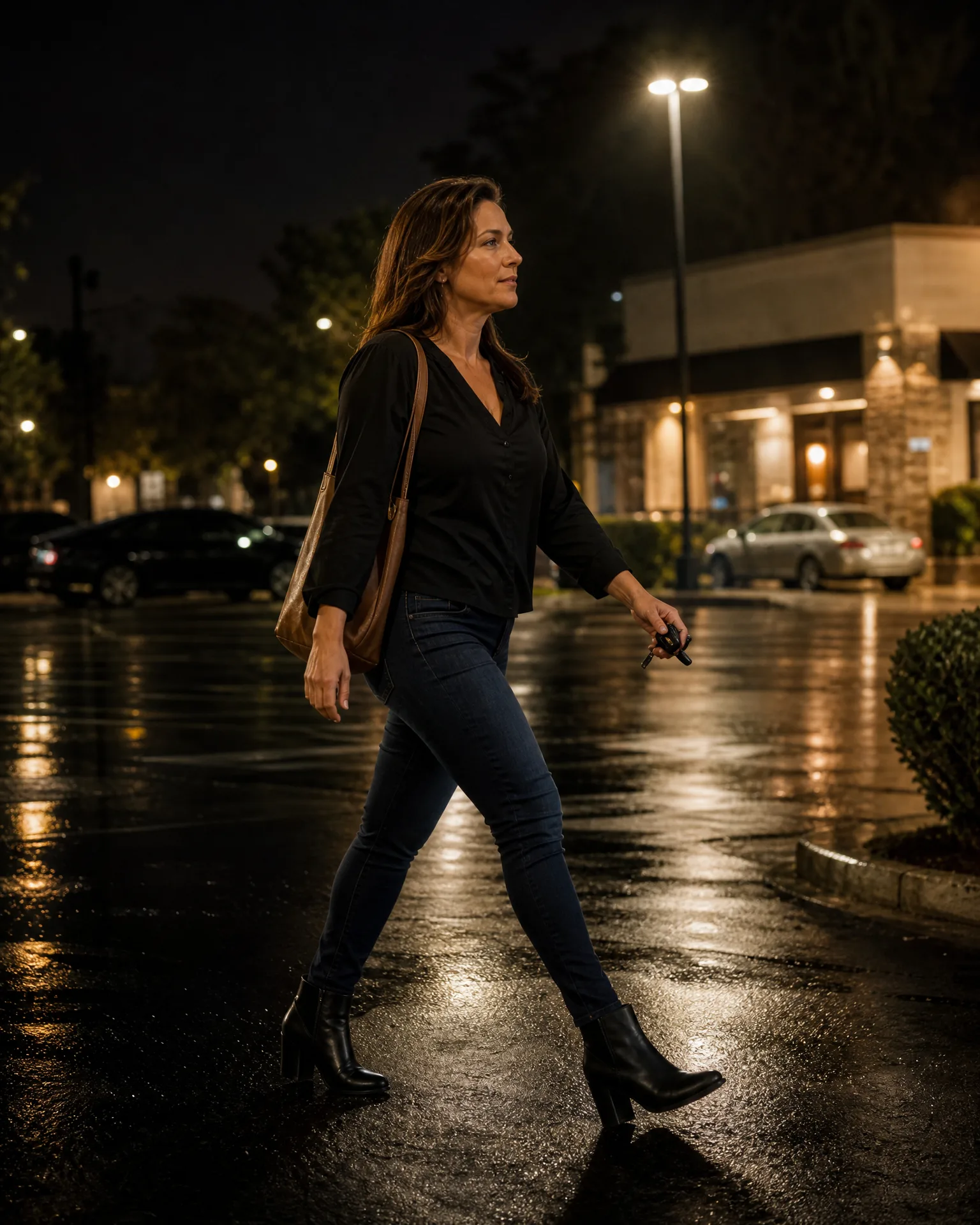 A woman in a black top, dark jeans and black ankle boots walks across a wet parking lot at night, carrying a brown shoulder bag and keys, with a lit building, parked cars and a streetlight behind her.